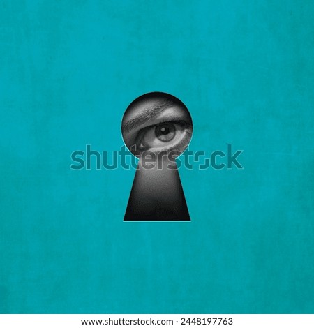 Seeking hidden knowledge and secrets. Female concentrated eye looking in keyhole on cyan background. Contemporary art collage. Conceptual design. Concept of creativity, abstract art, imagination