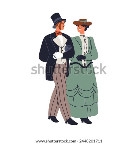 19th century aristocrat couple. Noble man and woman strolling, walking. Elegant gentleman and lady in historic victorian vintage dress and suit. Flat vector illustration isolated on white background Royalty-Free Stock Photo #2448201711