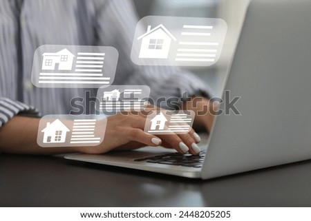 House search. Woman choosing home via laptop at table, closeup. Illustrations of different buildings as real estate variations