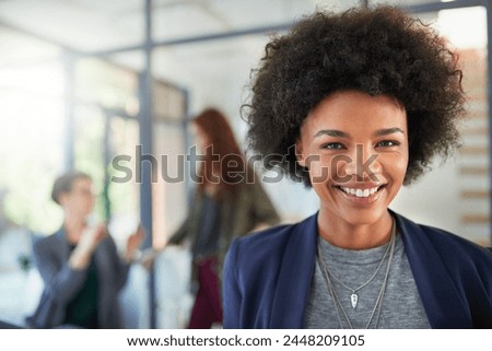 African woman, portrait and happy in workspace for creative agency, design and development in office. Startup company, international and female owned business in workplace for job collaboration.
