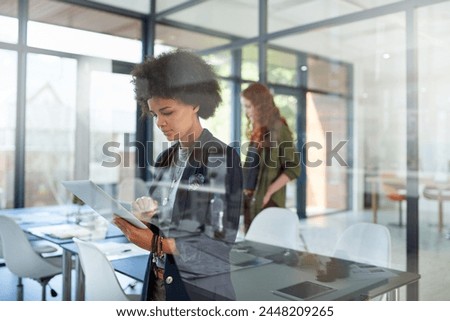 African business woman, tablet and coworking space for web project, career or review online email on digital report. Professional female person or editor with tech for internet research and planning