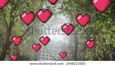 Pixelated hearts float in a sunlit outdoor setting. The scene suggests a digital love or affection theme in a natural environment.