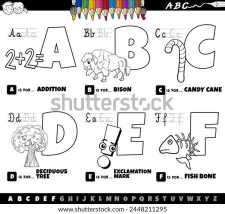 Black and white cartoon illustration of capital letters from alphabet educational set for reading and writing practice for children from A to F coloring page
