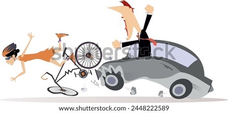 Traffic accident. Bike accident - collisions with car. 
Road collision. Automobile knocking down woman riding on the bicycle. Angry driver shouting to a cyclist woman 
