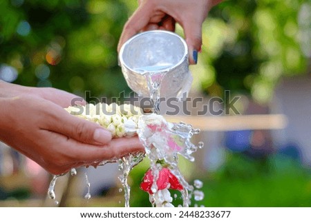 Hand of  woman pour water and flowers on the hands. older women and happy for the songkran festival. concept gives blessing in Songkran day Thailand Royalty-Free Stock Photo #2448233677