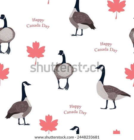 Red maple leaves and Canadian geese on white background. Canada Day seamless pattern, vector illustration