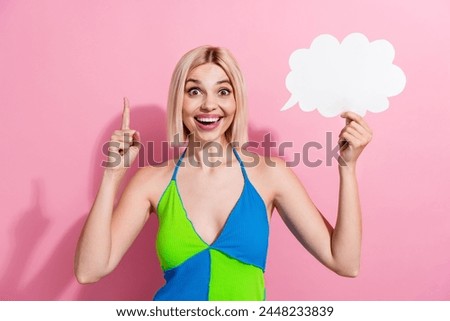 Photo of genius smart girl with bob hairdo dressed colorful tank hold mind cloud have great idea isolated on pink color background Royalty-Free Stock Photo #2448233839