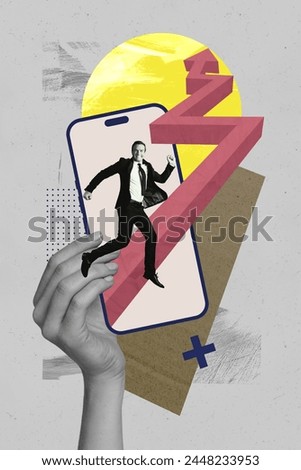 Composite collage picture image of working man arrow point running device screen achievement fantasy billboard comics zine minimal