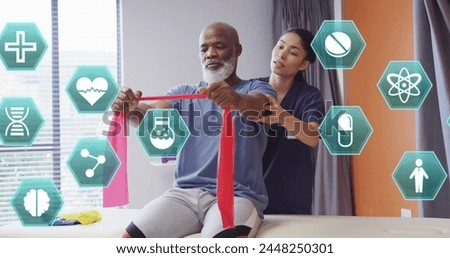 Image of medical icons over diverse female physiotherapist working with male patient. Medical and healthcare services concept digitally generated image.