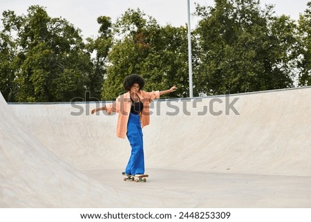 A young African American woman with curly hair confidently rides her skateboard up the side of a ramp in a skate park.