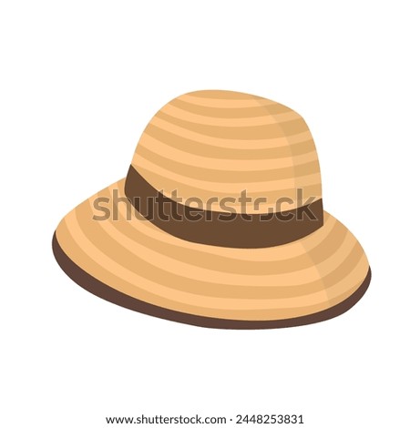 Straw hat with ribbon. Women beach hat vector illustration. Summer element. Cartoon flat vector isolated on white background.