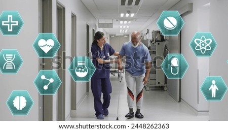 Image of medical icons over diverse female doctor helping male patient walk with crutch. Medical and healthcare services concept digitally generated image.