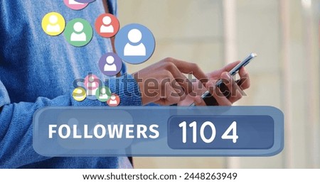 Digital image of a followers count bar is in the foreground of a man texting on his phone. Digital image of follower icons are flying upwards from the followers count bar