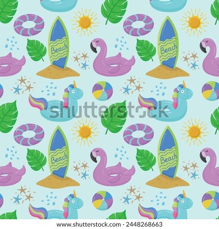 Various products for the beach and recreation.  An inflatable swimming circle with a blue unicorn, flamingo, palm tree, camera, sun and waves. Seamless vector drawing on summer and marine themes.