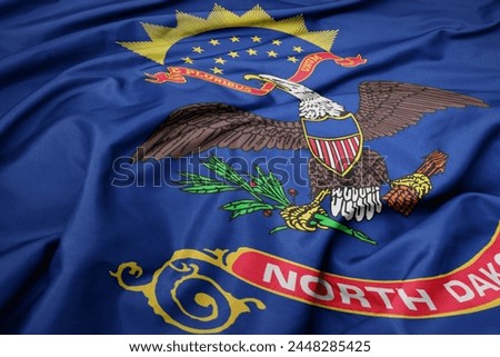 big waving colorful national flag of north dakota state. macro shot