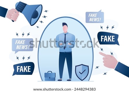 Businessman stands in a protective bubble. Immune to fakes and propaganda. Confident Person distinguish truth from deceit and fiction. Stop hoax and fake news. Flat vector illustration Royalty-Free Stock Photo #2448294383