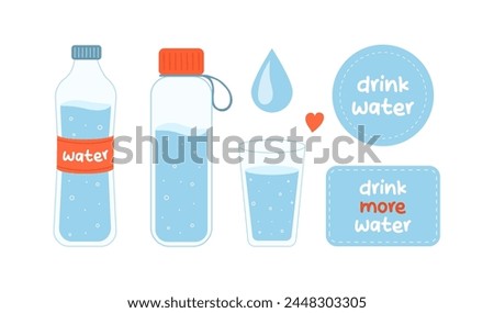 Water bottles, glass and signs collection. Flat hand drawn vector illustration. Clip arts isolated on white background. Cute cartoon design elements. Drink more water, no plastic, zero waste concept.