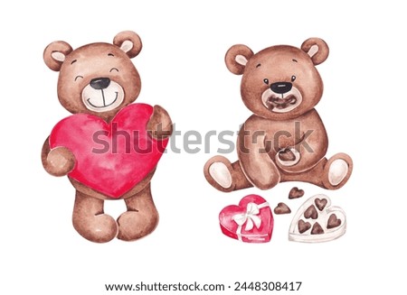 Cute brown bears hand drawn with watercolor. Isolated on white. Valentine characters clip art. Gender neutral. For designing cards, invitations, logo, stickers and so on