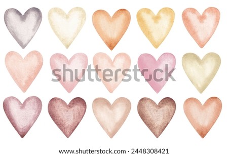Cute hearts set hand drawn with watercolor. Isolated on white. Valentine hearts clip art. Gender neutral colors. For cards, invitations, logo, wallpaper and so on