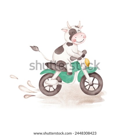 Funny cow riding a bike hand drawn with watercolor. Isolated on white. Cute kid character clip art. Gender neutral. For designing cards, invitations, logo, stickers and so on