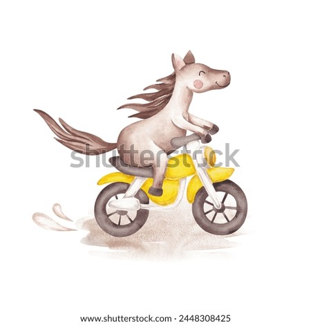 Funny horse riding a bike hand drawn with watercolor. Isolated on white. Cute kid character clip art. Gender neutral. For designing cards, invitations, logo, stickers and so on