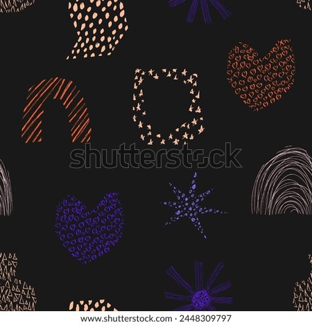 Abstract textured shapes seamless pattern. Aesthetic contemporary hand drawn scribble wallpaper. Nature organic fantastic elements. Vector illustration isolated on black background