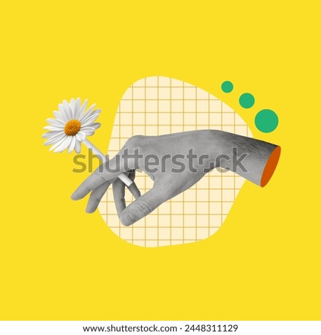 Contemporary art collage of hand with a cigarette and a flower. Concept of healthcare and medical help. Modern design. Copy space.
