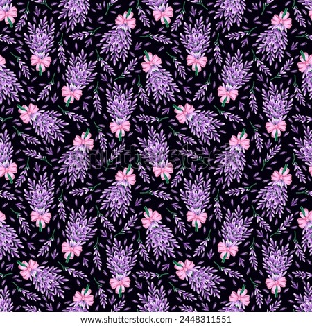 Hand drawn watercolor lavender bouquet with a bow seamless pattern isolated on dark background. Can be used for textile, fabric and other printed products