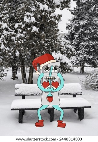 Trendy Winter Collage with Thermometer illustration and snowy photo landscape. Funky Character thermometer on the bench. Contemporary Winter Art.     