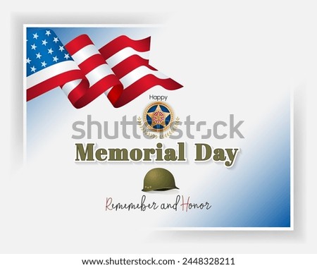 Celebration of Memorial day in United States.
Holiday design, background with handwriting texts, medal of honor, army helmet and national flag colors for Memorial day event celebration; 