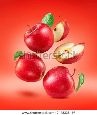 Ripe red apples and apple slice isolated on red background. File contains clipping paths.