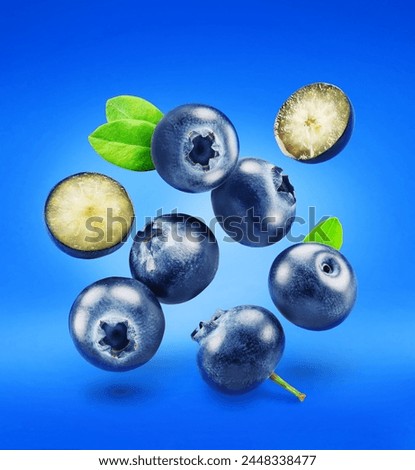 Blueberries levitating in air on blue background. File contains clipping paths.