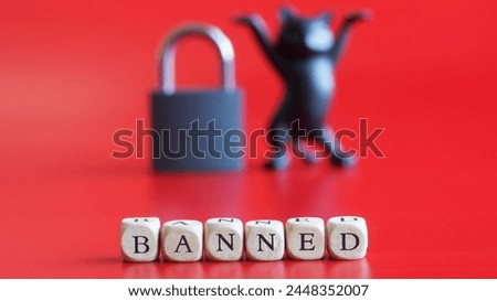 Inscription banned, closed padlock and silhouette of a toy cat on a red background. Concept of banned internet forum, website, account, internet restriction. Photo. Selective focusing. Close-up