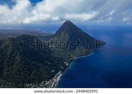 Aerial  of Gros Piton and Petit Piton on St. Lucia.  Shot on a drone in the Caribbean on beautiful Saint Lucia island.