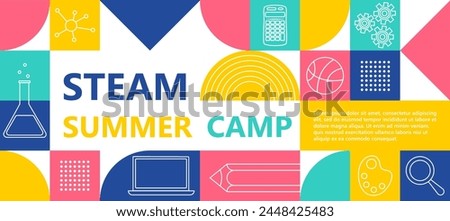 Steam Education Kids Summer Camp Colorful Geometric Poster.  Science, Technology, Engineering, Arts, Mathematics. Vector illustration.