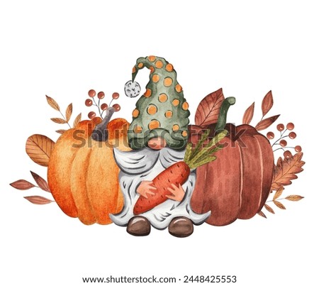 Funny gnome holding a carrot. Autumn. Watercolor illustration