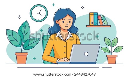 Line Art Vector: Businesswoman with Laptop, House Plant, and Clock, Isolated on White Background
