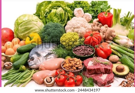 picture of different types of vegetables, fruites, fish, beaf, mutton, source of balance diet, vitamins. protein, iron, calcium, carbohydrates
