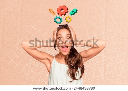 Composite photo collage of astonished shocked girl hold head gears brainstorm process improvement isolated on painted background Royalty-Free Stock Photo #2448438989