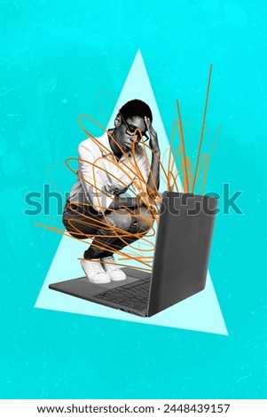 Composite sketch image trend collage of young upset bad mood lady sit on legs on huge laptop bad news from device screen social media lie