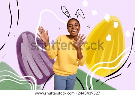 Composite photo collage of smile pretty american girl dance bunny ears easter egg hunt game tradition spring isolated on painted background