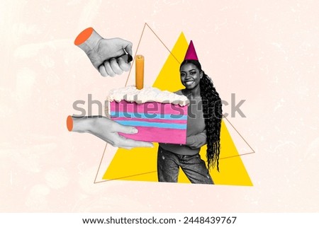 Composite trend sketch image photo collage of young lady celebrate happy birthday get present gifts cake candle fire huge hands hold