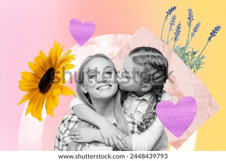 Sketch artwork 3D collage of black white silhouette small preteen girl hug young smiled mom kiss in cheek sunflower lavender behind