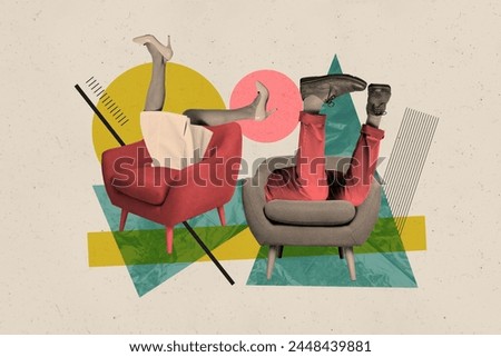 Creative photo collage picture human legs body fragments armchair surreal caricature concept store furniture discount promo