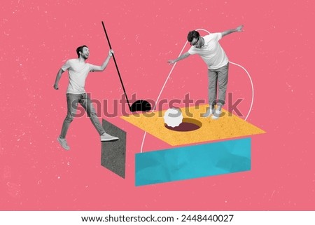 Creative picture photo collage young excited men players golf score joyful hobby professional game weekend drawing background