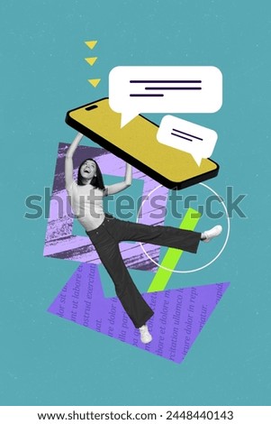Vertical poster picture collage young happy joyful girl smartphone device digital virtual app messenger conversation drawing background