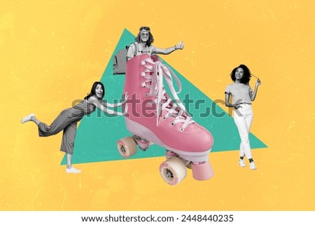 Composite sketch photo collage of black white silhouette colleagues three friends stand at retro roller skater travel pull push relocate