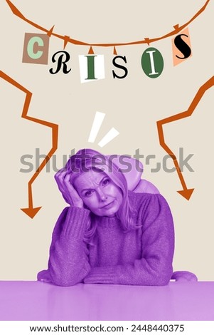 Vertical photo collage of upset old woman lonely crisis mental disorder depression apathy fatigue arrow isolated on painted background