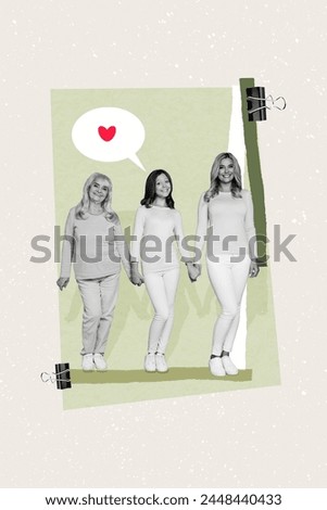 Creative graphics collage painting of smiling pretty three generation ladies holding arms isolated drawing background