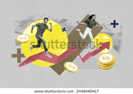 Composite collage picture image of running arrow man female earning money trader fantasy billboard comics zine minimal